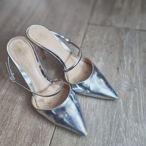 Gianvito Rossi Silver Leather Printed Mules Heels 36.5